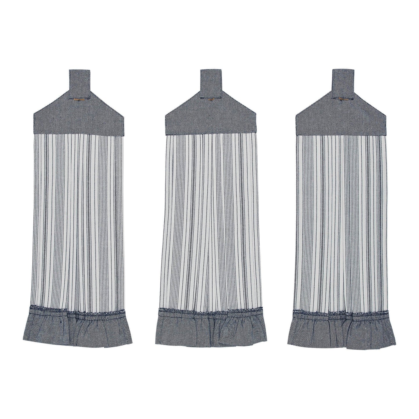 Sawyer Mill Blue Ticking Stripe Button Loop Tea Towel Set of 3