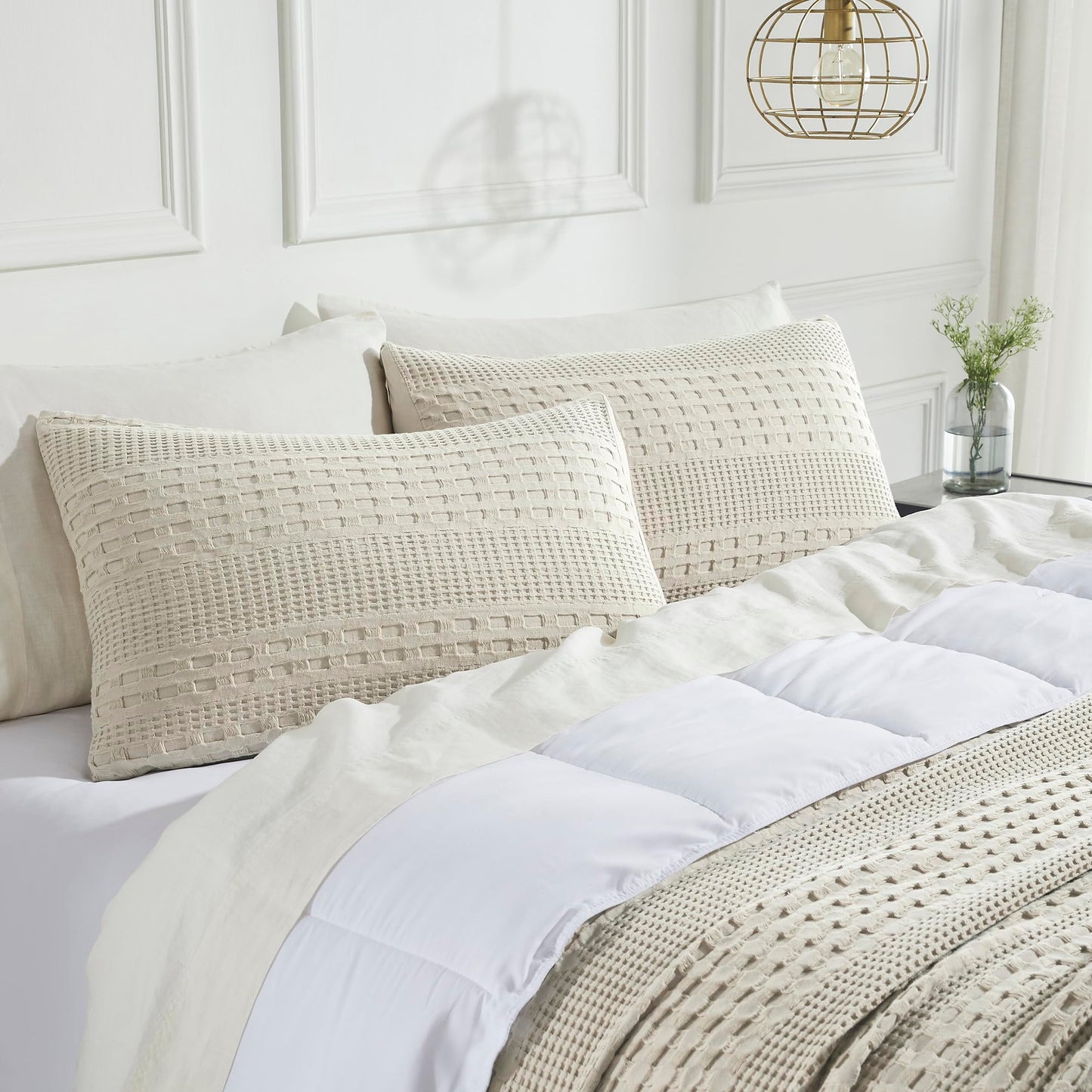 Natural Cream Waffle Weave Cotton Queen Sham Set-- Set of 2 Farmhouse Boho Decorative Pillow Covers