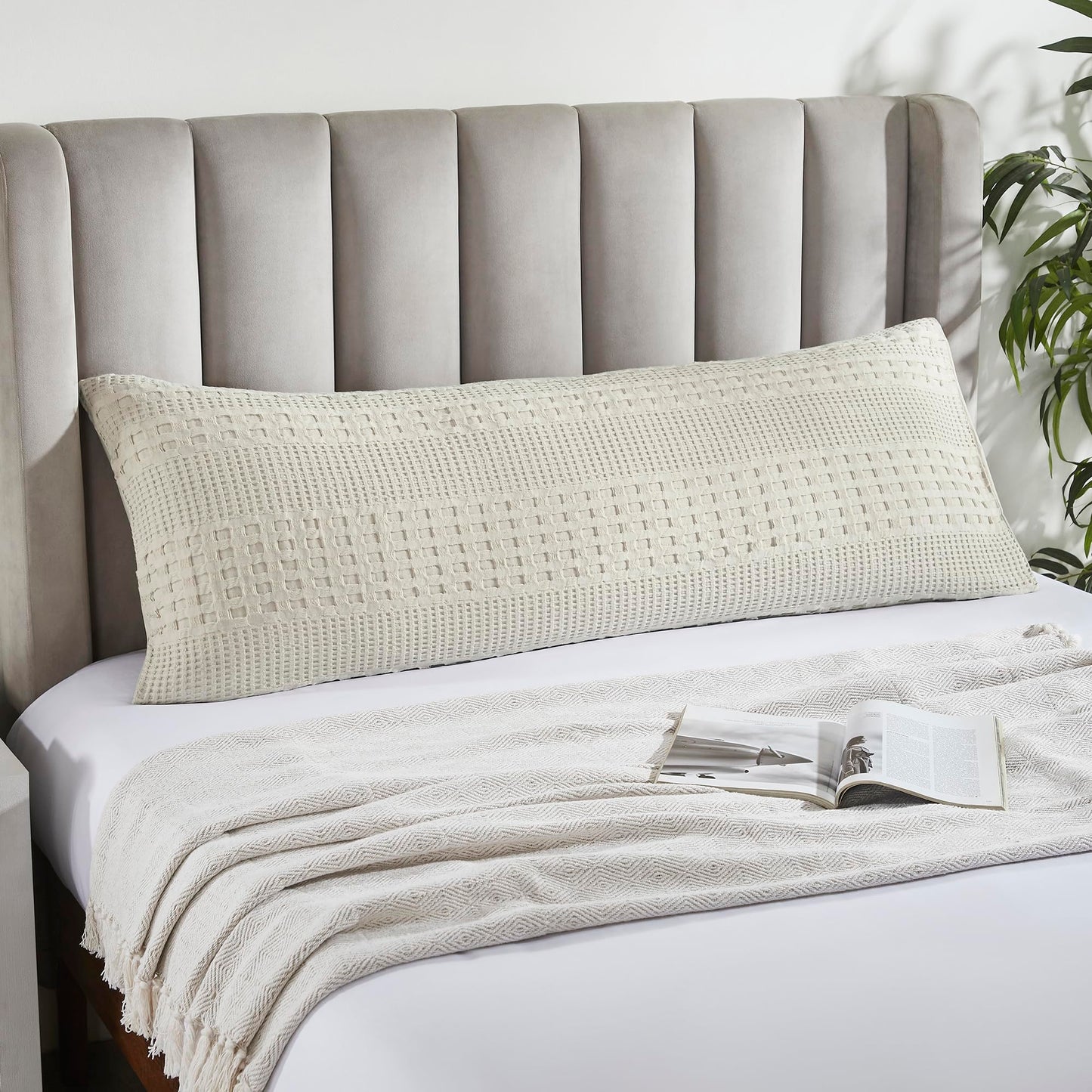 Natural Cream Waffle Weave Cotton Body Pillow Cover-- Farmhouse Boho Decorative Sham