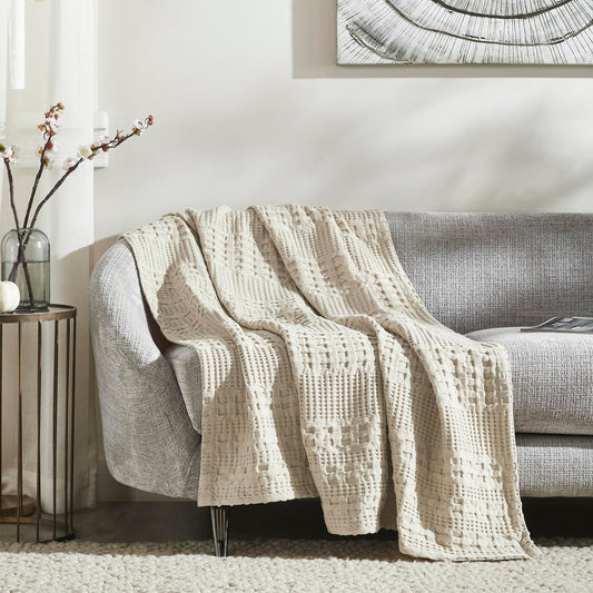 Waffle Weave Natural Throw 50x60 - Cotton Decorative Blanket for Bed, Couch, Sofa | Boho Farmhouse Home Decor