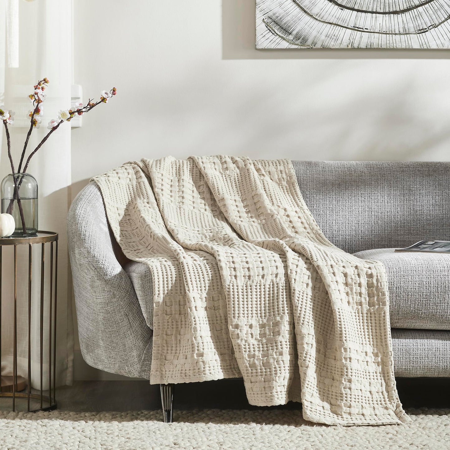 Natural Cream Waffle Weave Cotton Throw Blanket-- Decorative Couch & Sofa Cover