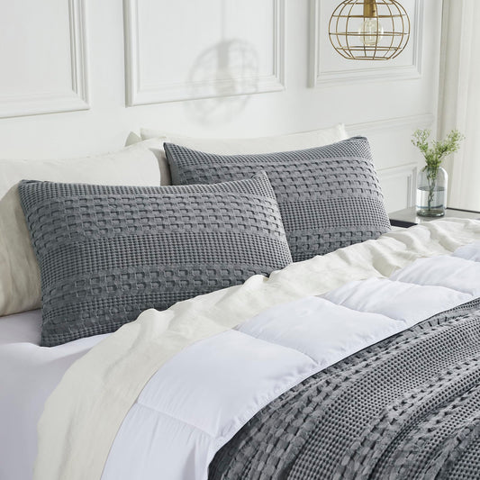 Dark Gray Waffle Weave Cotton Queen Sham Set-- Set of 2 Farmhouse Boho Decorative Pillow Covers