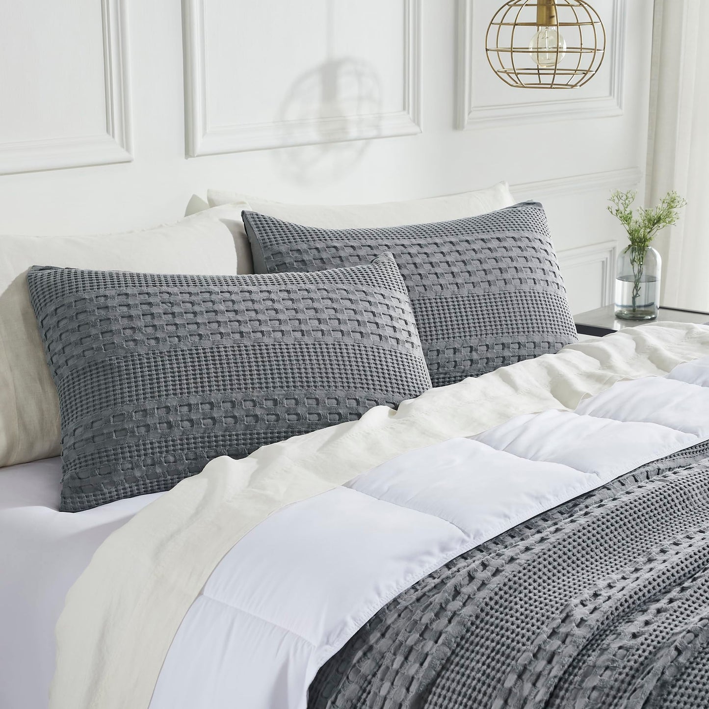 Dark Gray Waffle Weave Cotton King Sham Set-- Set of 2 Farmhouse Boho Decorative Pillow Covers