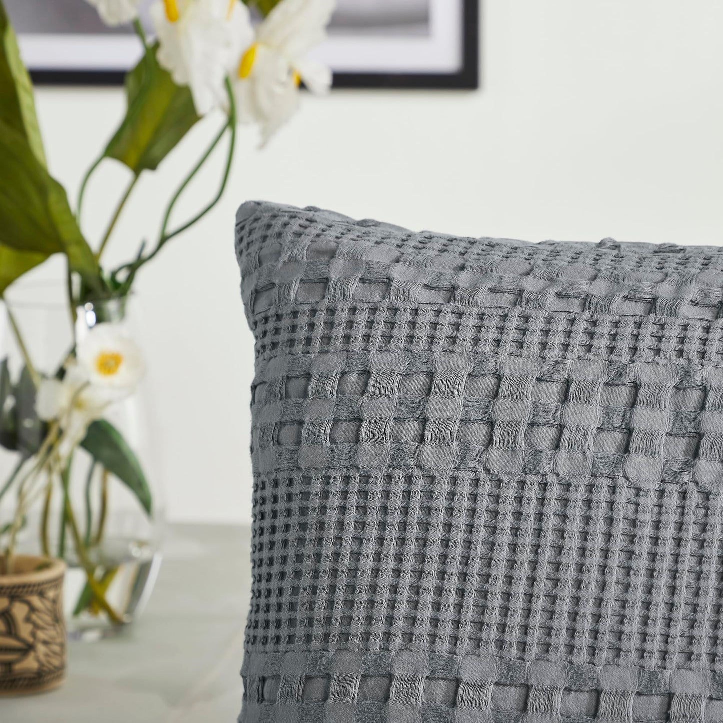 Waffle Weave Dark Gray King Shams (20x36, Set of 2) - Farmhouse Boho Decorative Pillow Covers for Bedroom Decor