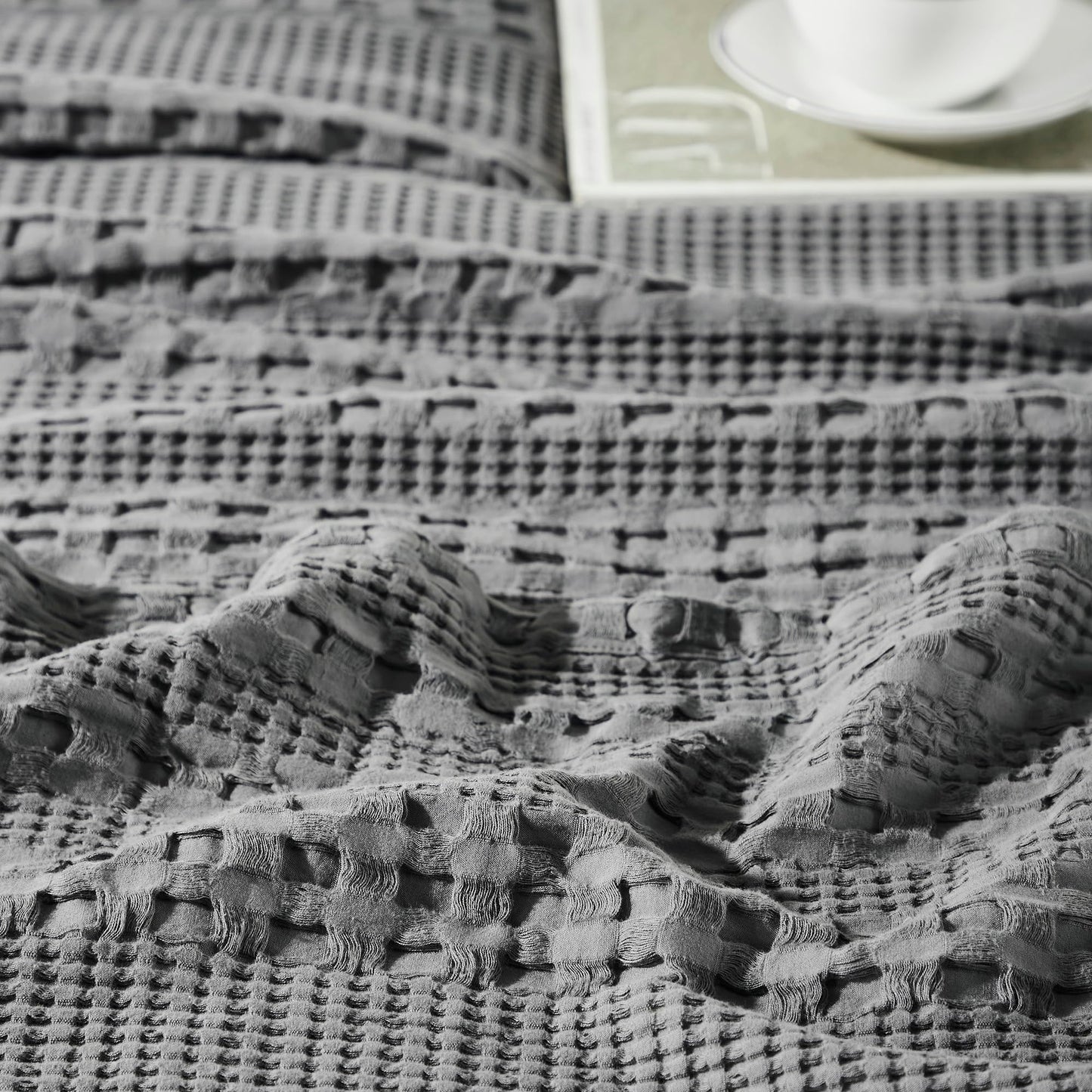 Waffle Weave Dark Gray Pillow Cover Set (2-Pack) 24x24 - Decorative Throw Pillow Covers for Farmhouse Boho Bedroom & Living Room Decor