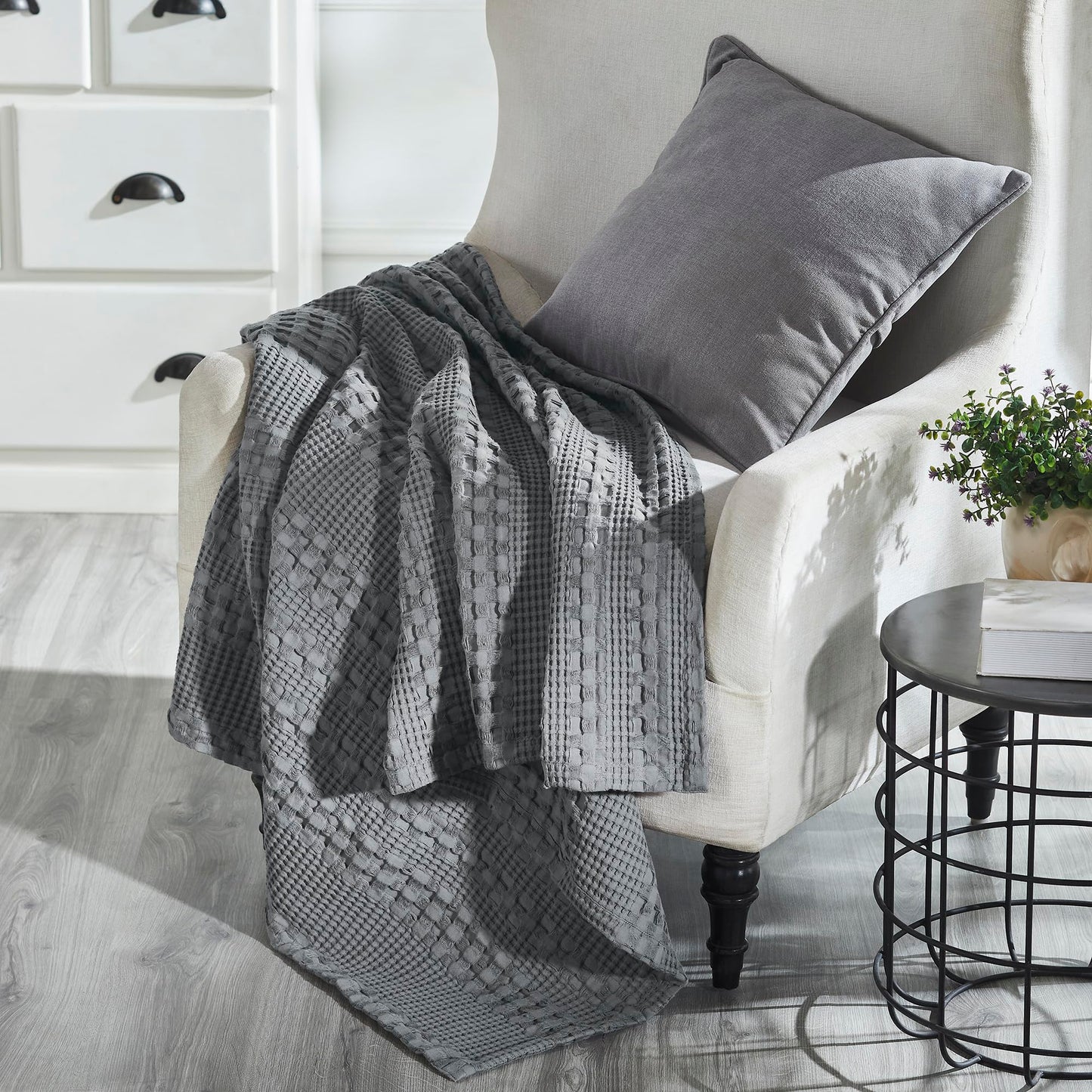 Waffle Weave Dark Gray Throw 50x60 - Cotton Blanket for Boho Farmhouse Bedroom & Living Room Decor, Couch, Sofa, Bed