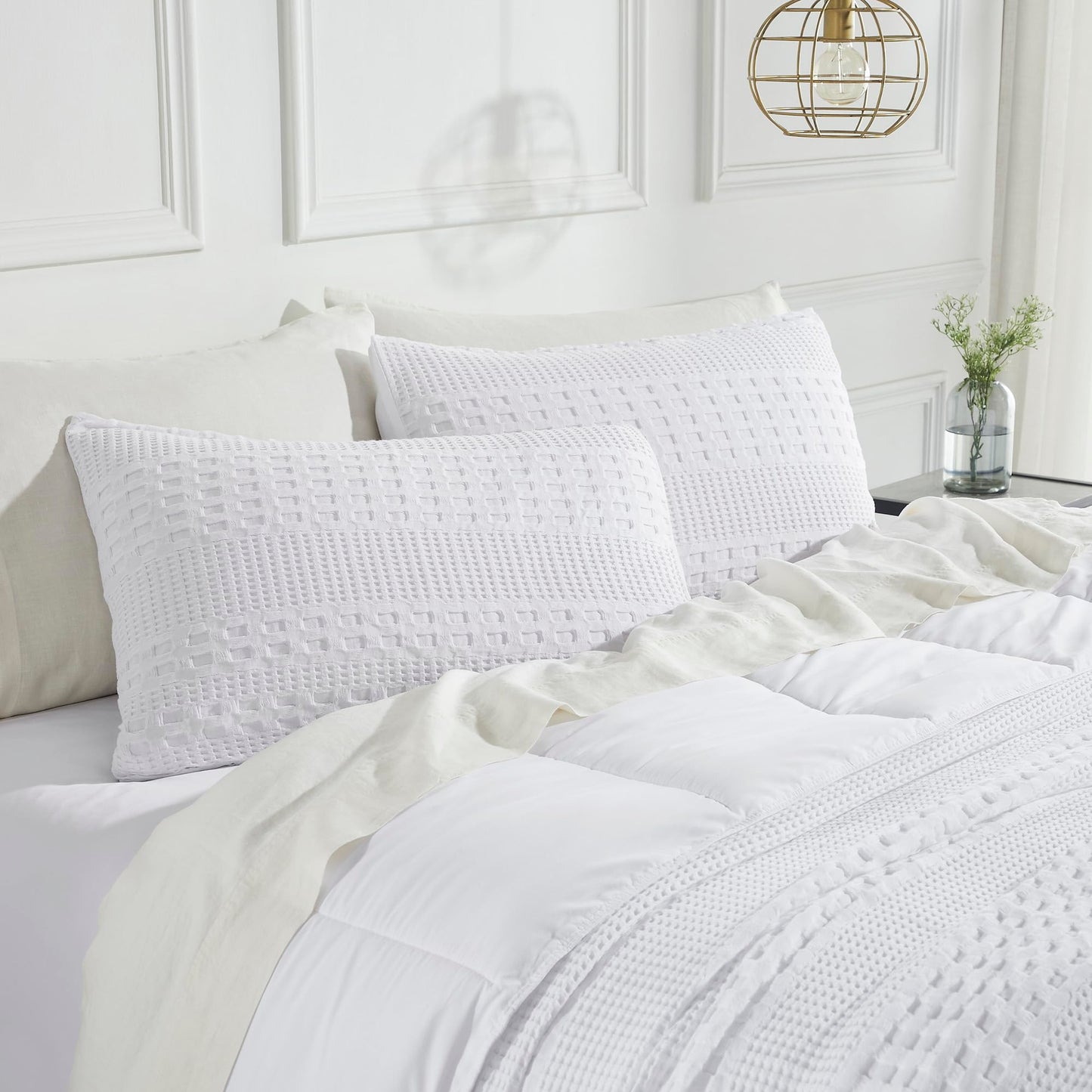 Bright White Waffle Weave Cotton King Sham Set-- Set of 2 Farmhouse Boho Decorative Pillow Covers