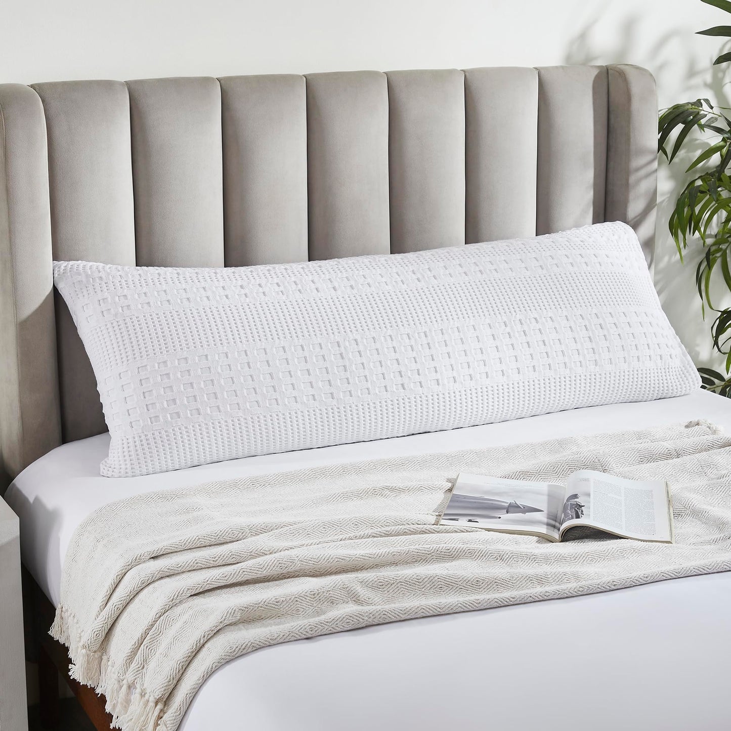 Bright White Waffle Weave Cotton Body Pillow Cover-- Farmhouse Boho Decorative Sham