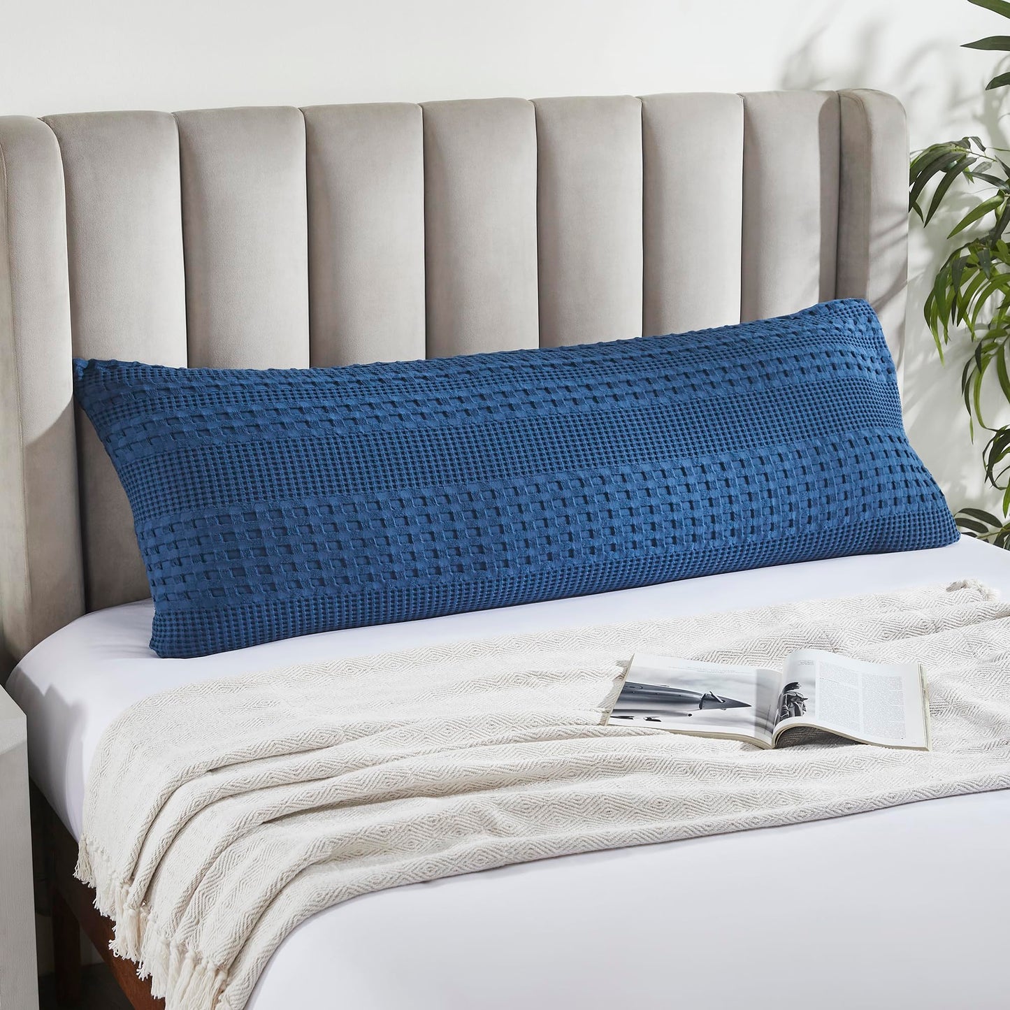 Navy Blue Waffle Weave Cotton Body Pillow Cover-- Farmhouse Boho Decorative Sham