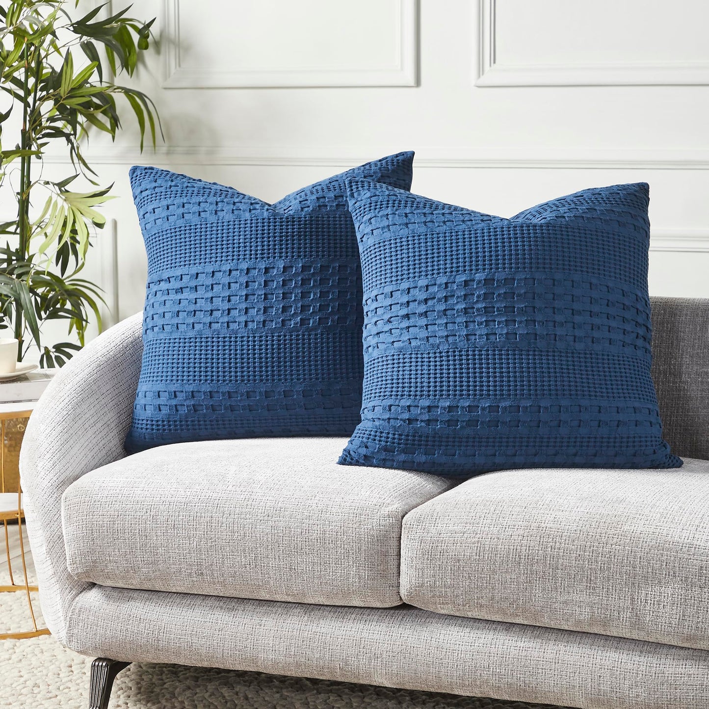 Navy Blue Waffle Weave Cotton Square Pillow Cover Set-- Set of 2 Farmhouse Boho Decorative Shams