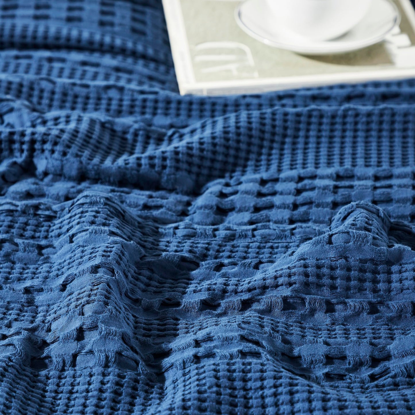 Waffle Weave Navy Euro Shams (Set of 2, 26x26) - Farmhouse Boho Decorative Pillow Covers