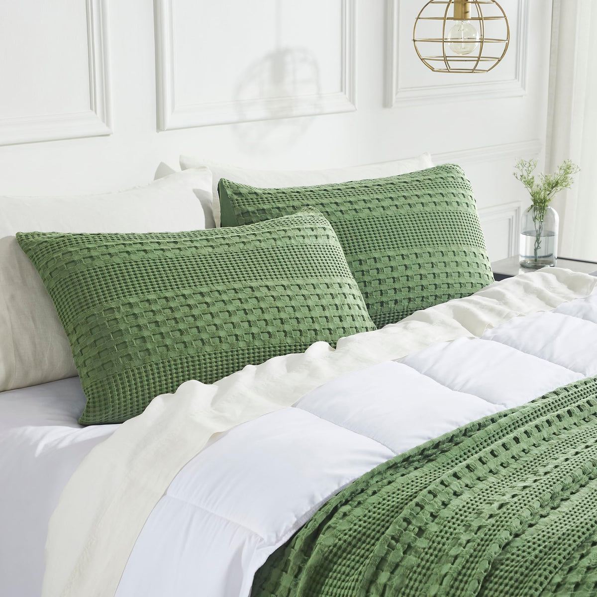 Olive Green Waffle Weave Cotton Standard Sham Set-- Set of 2 Farmhouse Boho Decorative Pillow Covers