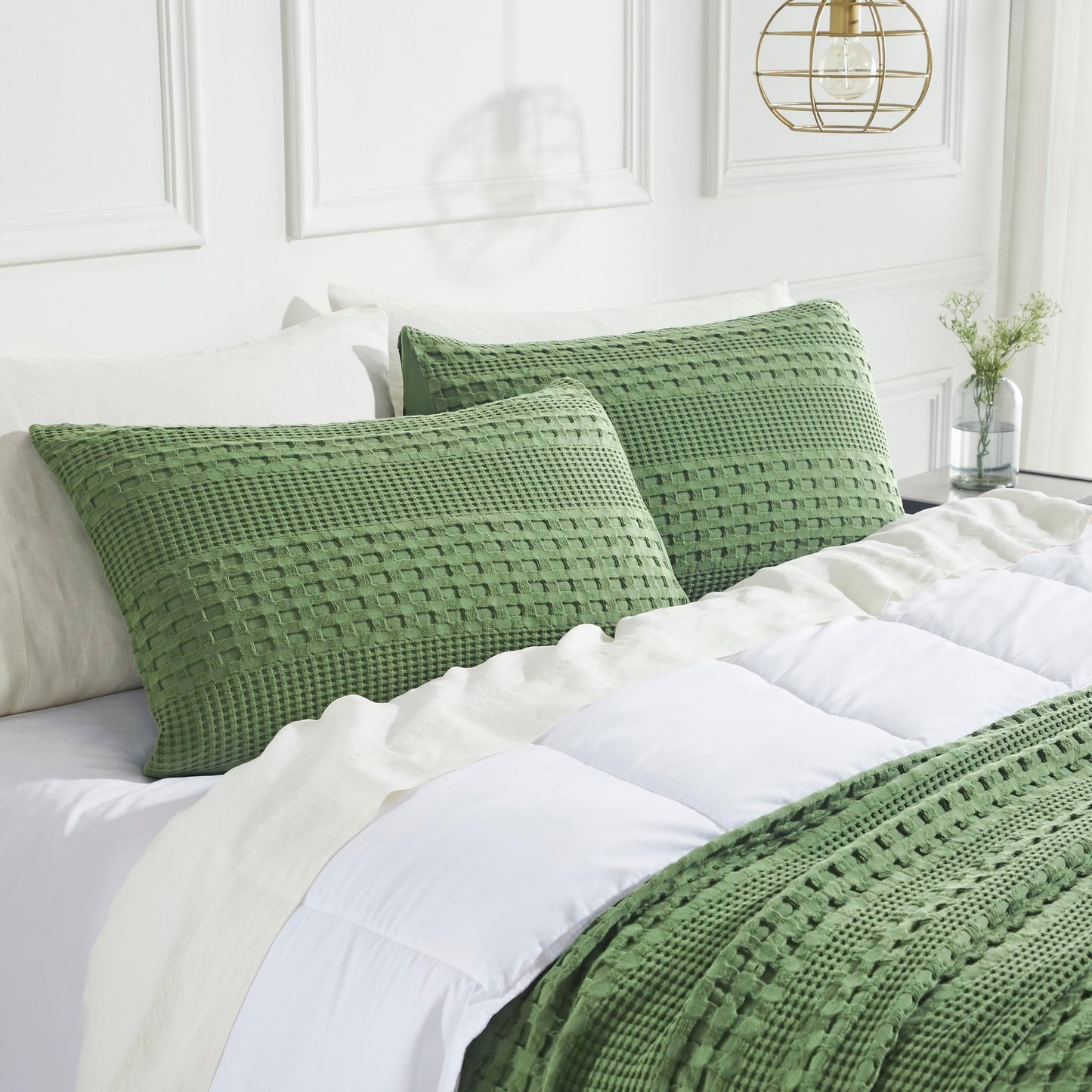 Olive Green Waffle Weave Cotton King Sham Set-- Set of 2 Farmhouse Boho Decorative Pillow Covers