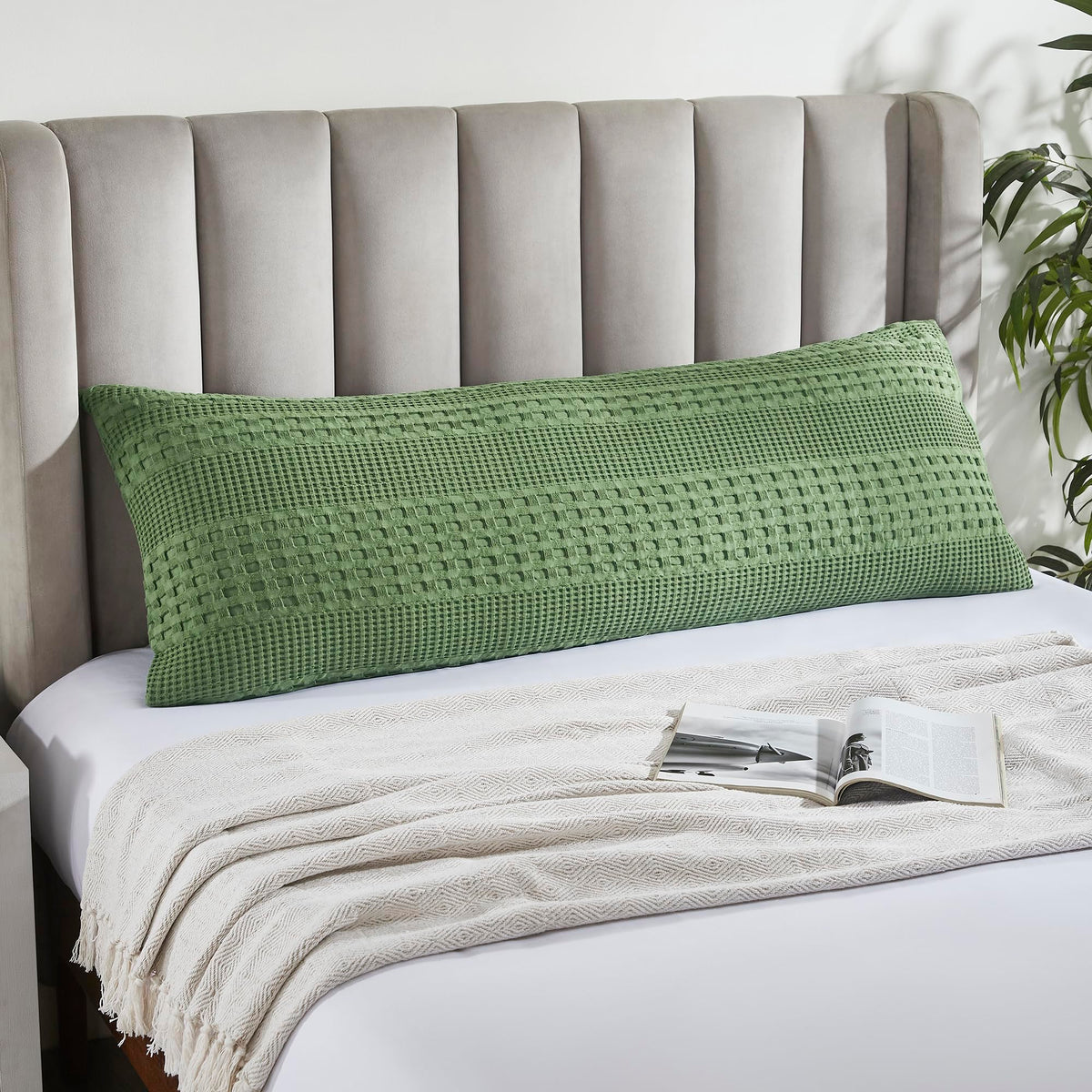 Olive Green Waffle Weave Cotton Body Pillow Cover-- Farmhouse Boho Decorative Sham