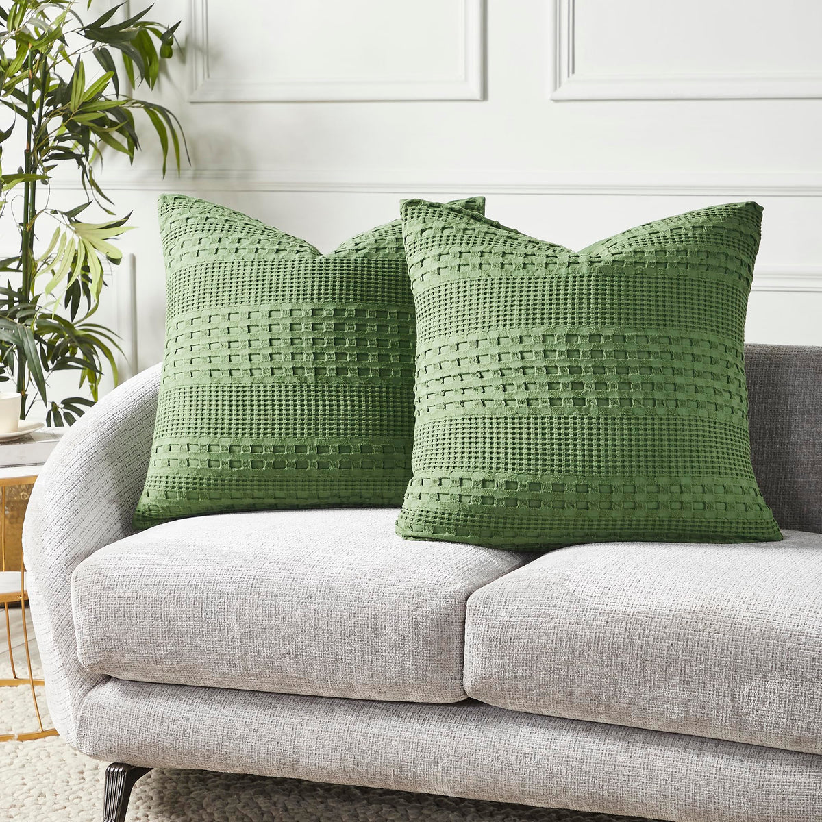 Olive Green Waffle Weave Cotton Square Pillow Cover Set-- Set of 2 Farmhouse Boho Decorative Shams