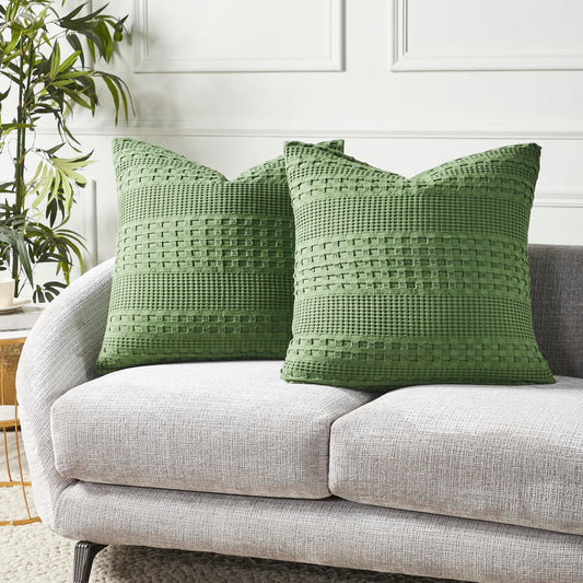 Olive Green Waffle Weave Cotton Euro Sham Set-- Set of 2 Large Square Farmhouse Boho Pillow Covers