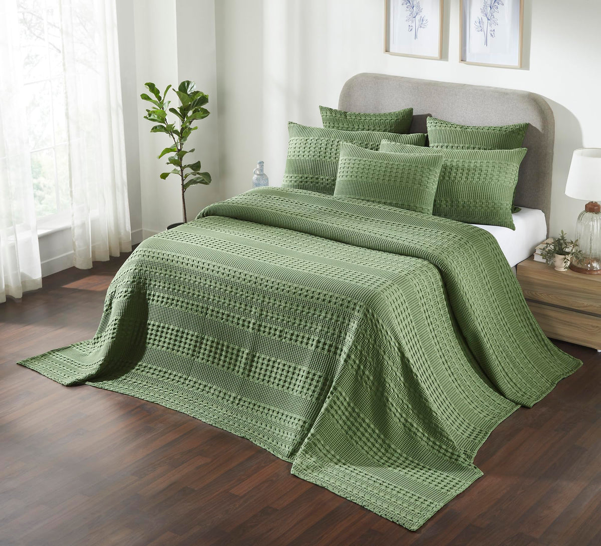 Olive Green Waffle Weave Cotton Oversized King Blanket - 120x120 - Lightweight Bed & Sofa Cover -