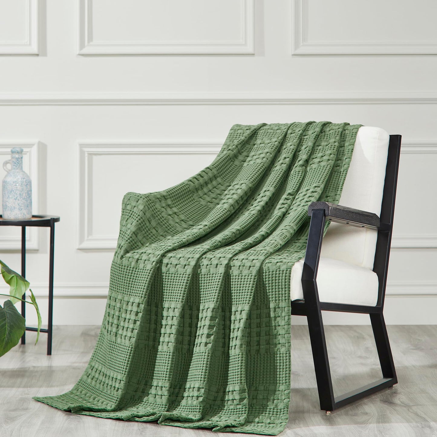 Olive Green Waffle Weave Cotton Throw Blanket-- Decorative Couch & Sofa Cover