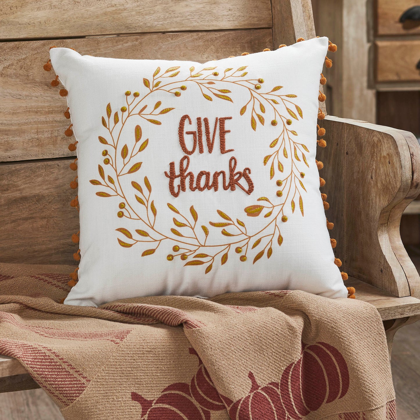 Thanksgiving Fall Wreath Pom Pom Decorative Accent Pillow