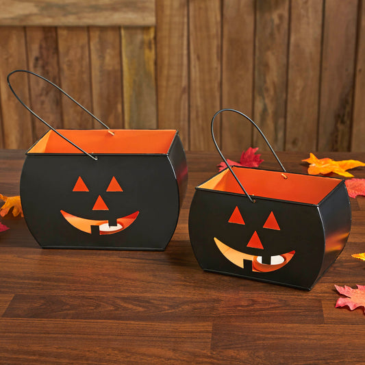 Black Halloween Trick or Treat Tealight Candle Holders Spooky Votive Lanterns Set of 2 for Fall Home Decor