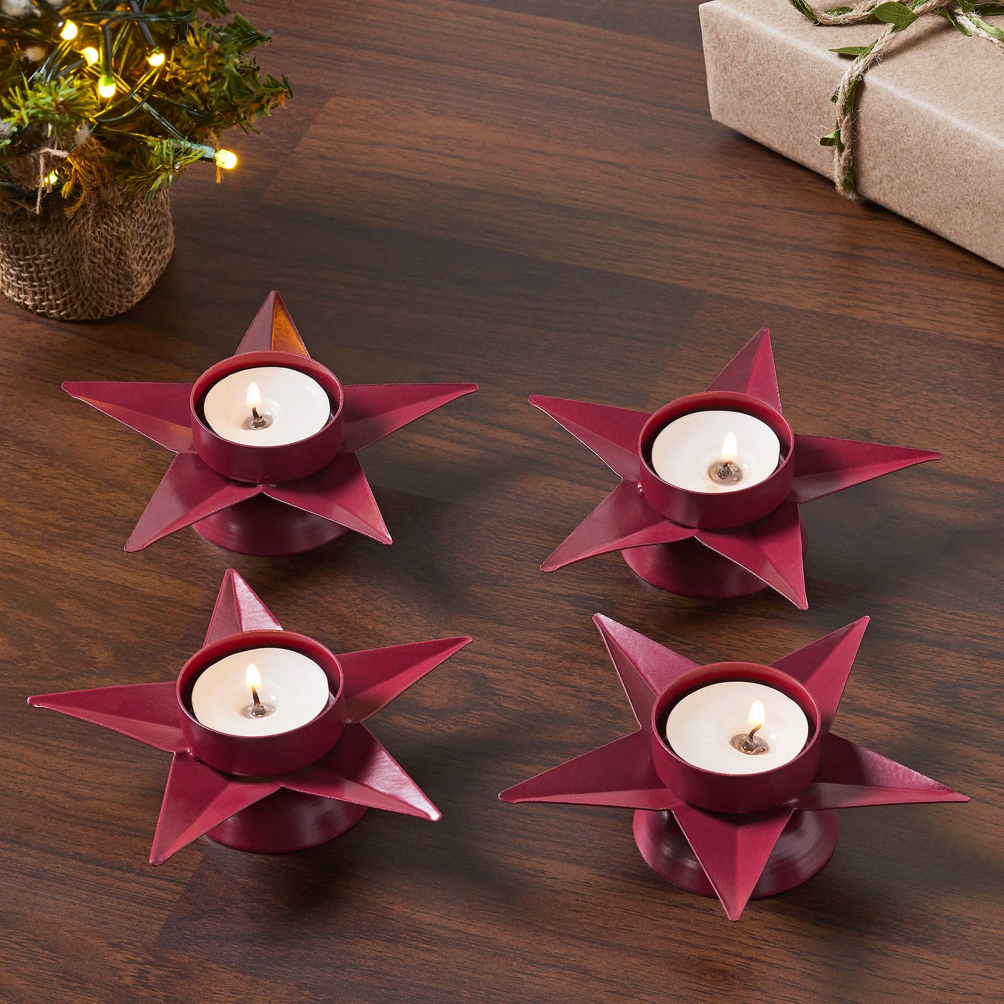 Tealight Holder Star Burgundy Set of 4