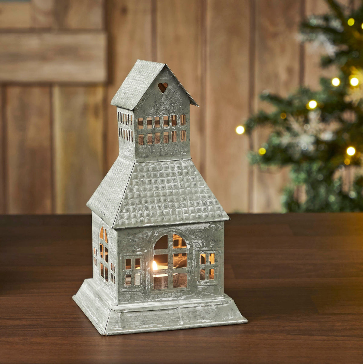 Tealight Holder Metal Village House A Antique Grey