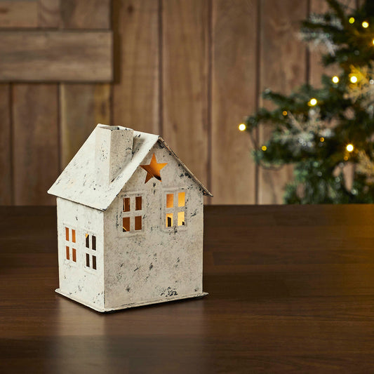 Tealight Holder Metal Village House D Antique Cream 6.75x4.75x4.5