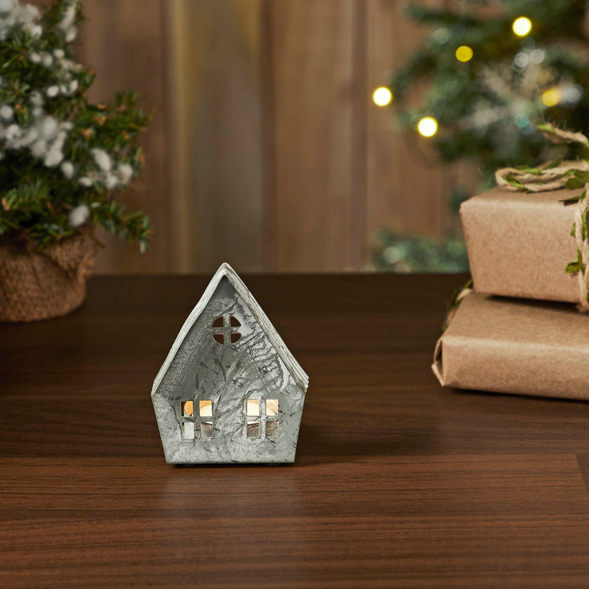 Tealight Holder Metal Village House F Antique Grey