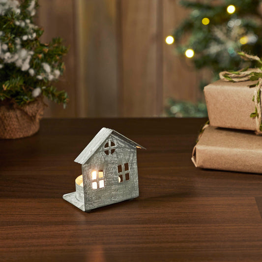 Tealight Holder Metal Village House G Antique Grey 3.25x2.75x2
