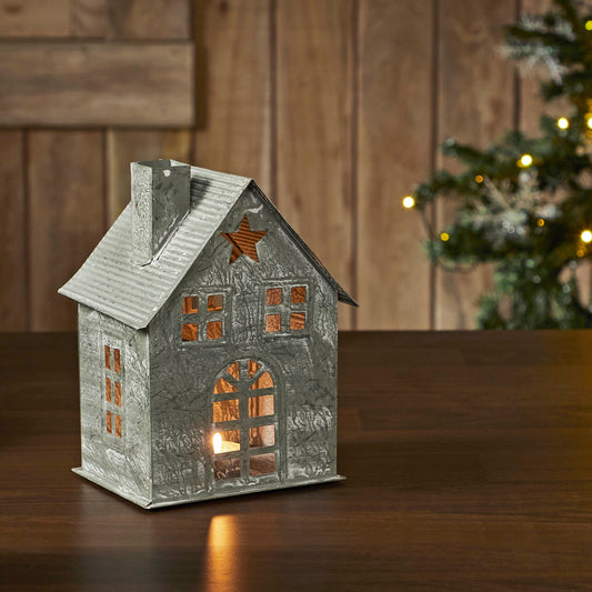 Tealight Holder Metal Village House H Antique Grey 7.25x5.5x4.75