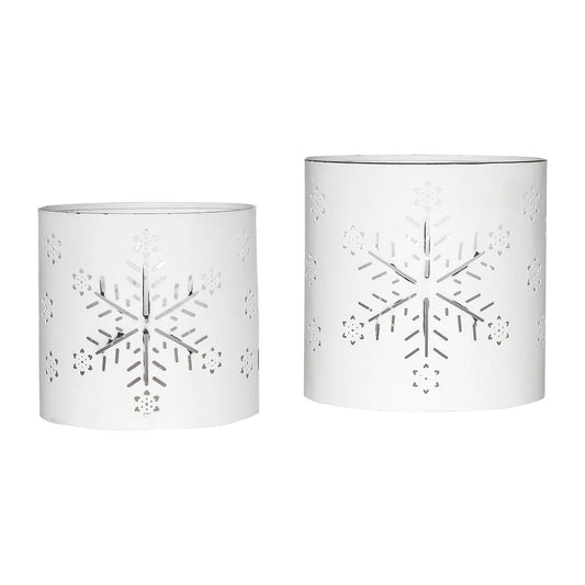 Scenic Snowflake Distressed White Metal Candle Holder Set of 2 - 3.75/4.75 inch