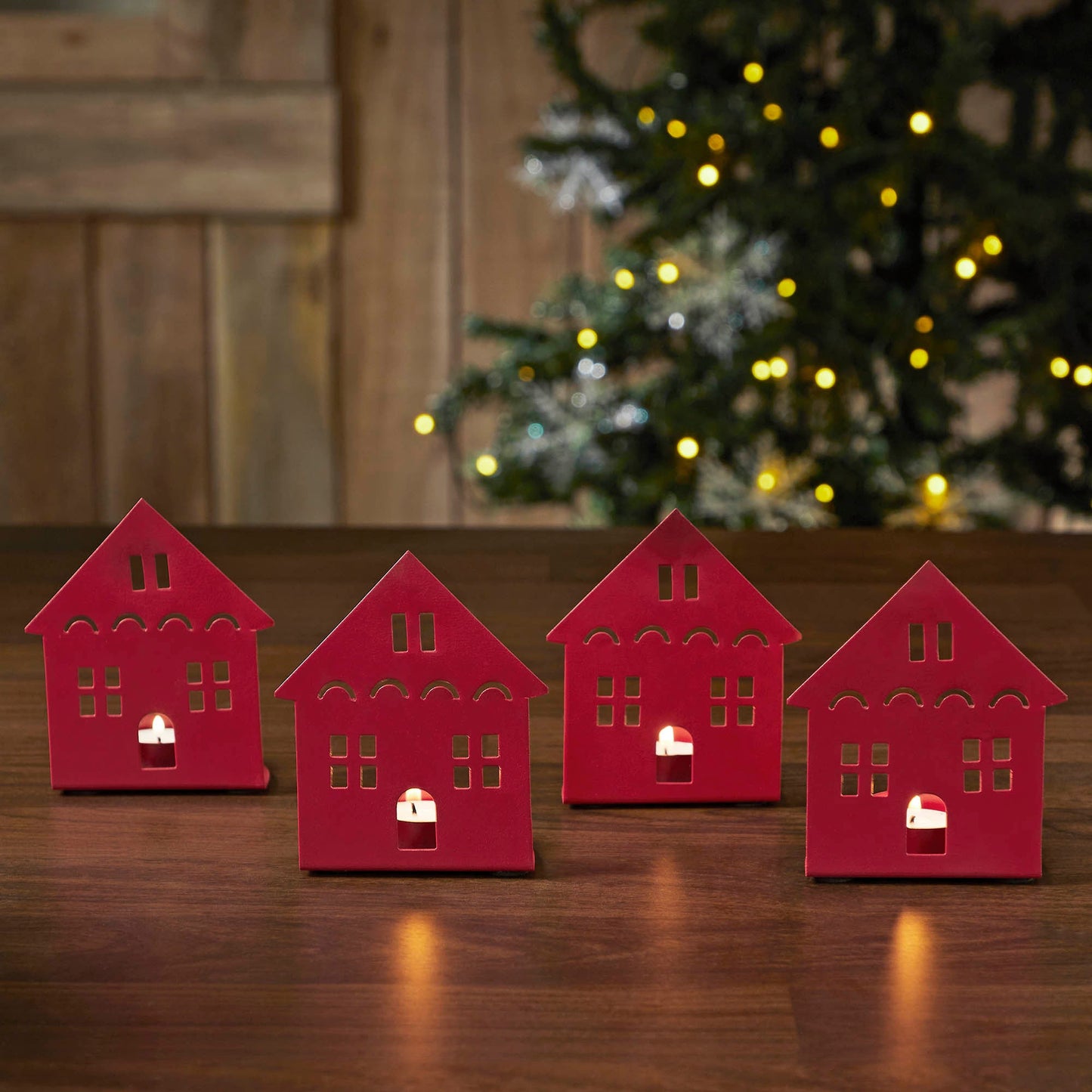 Tealight Holder House Barn Red Set of 4