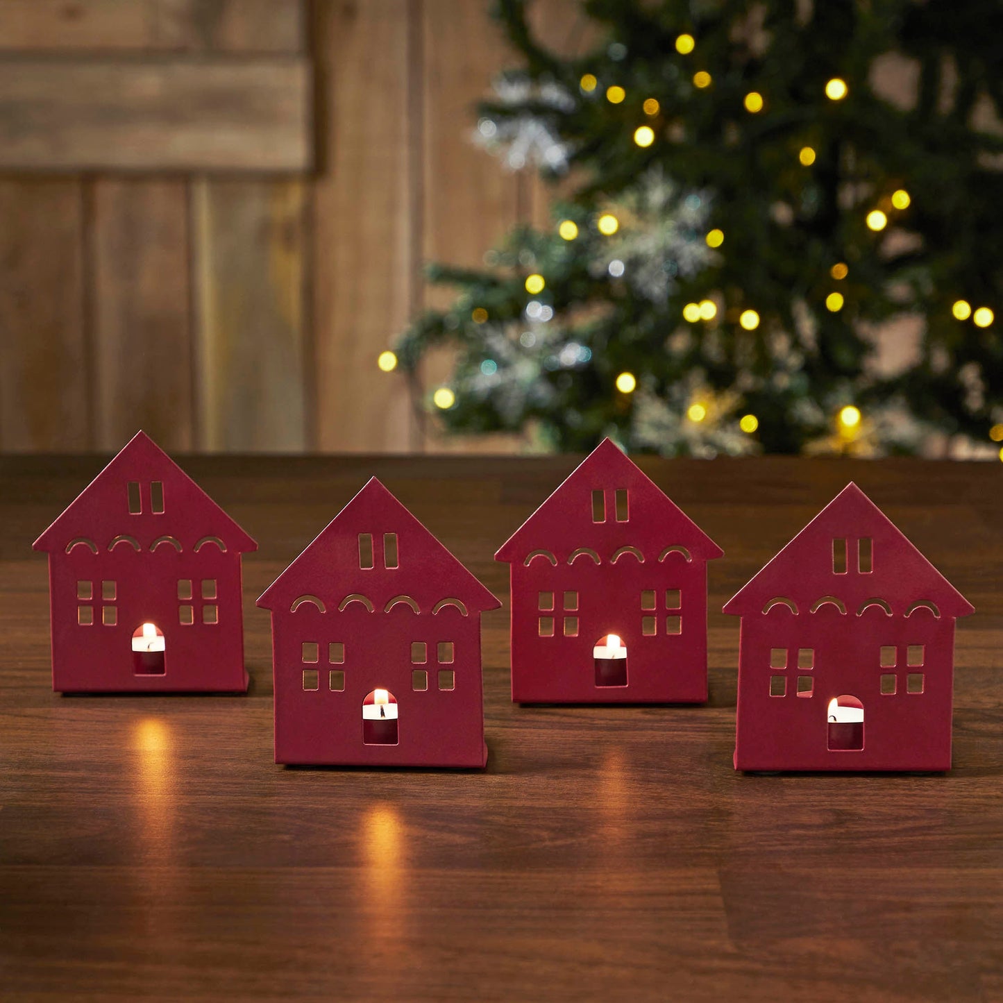 Tealight Holder House Burgundy Set of 4