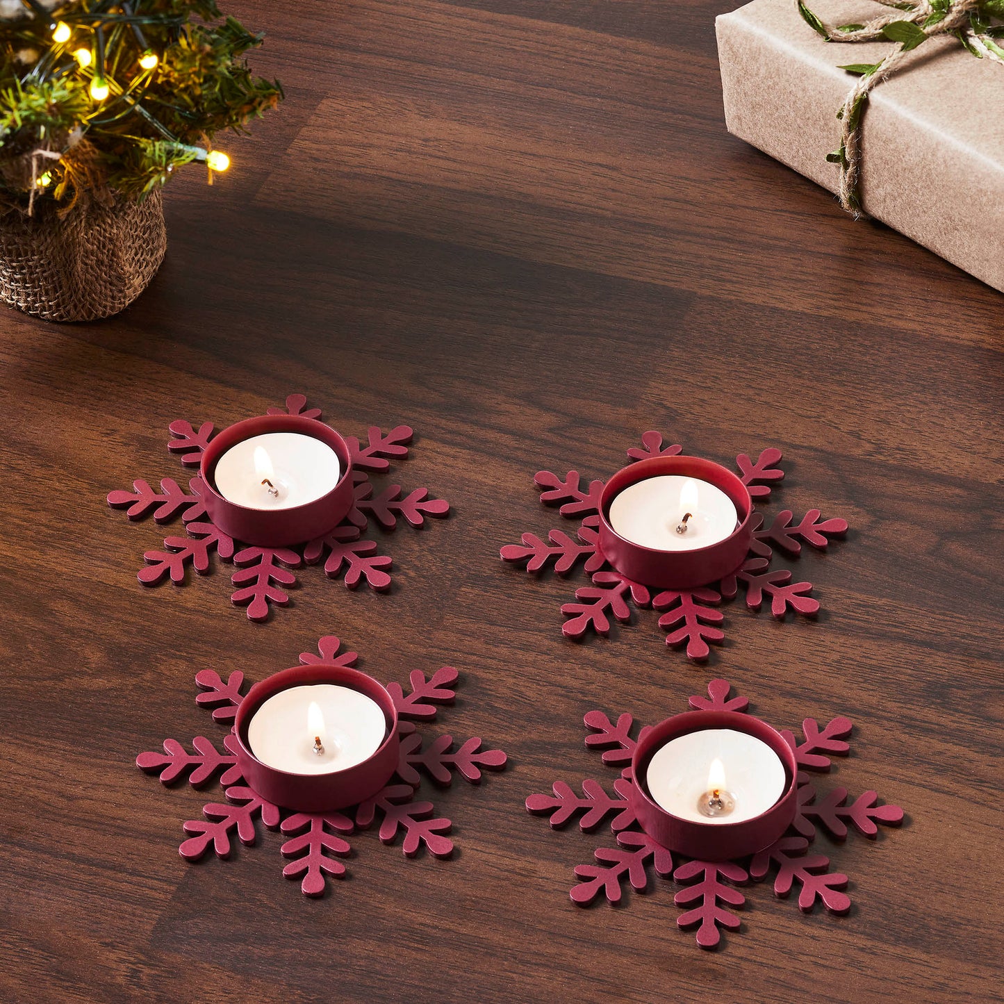 Tealight Holder Snowflake Burgundy Set of 4