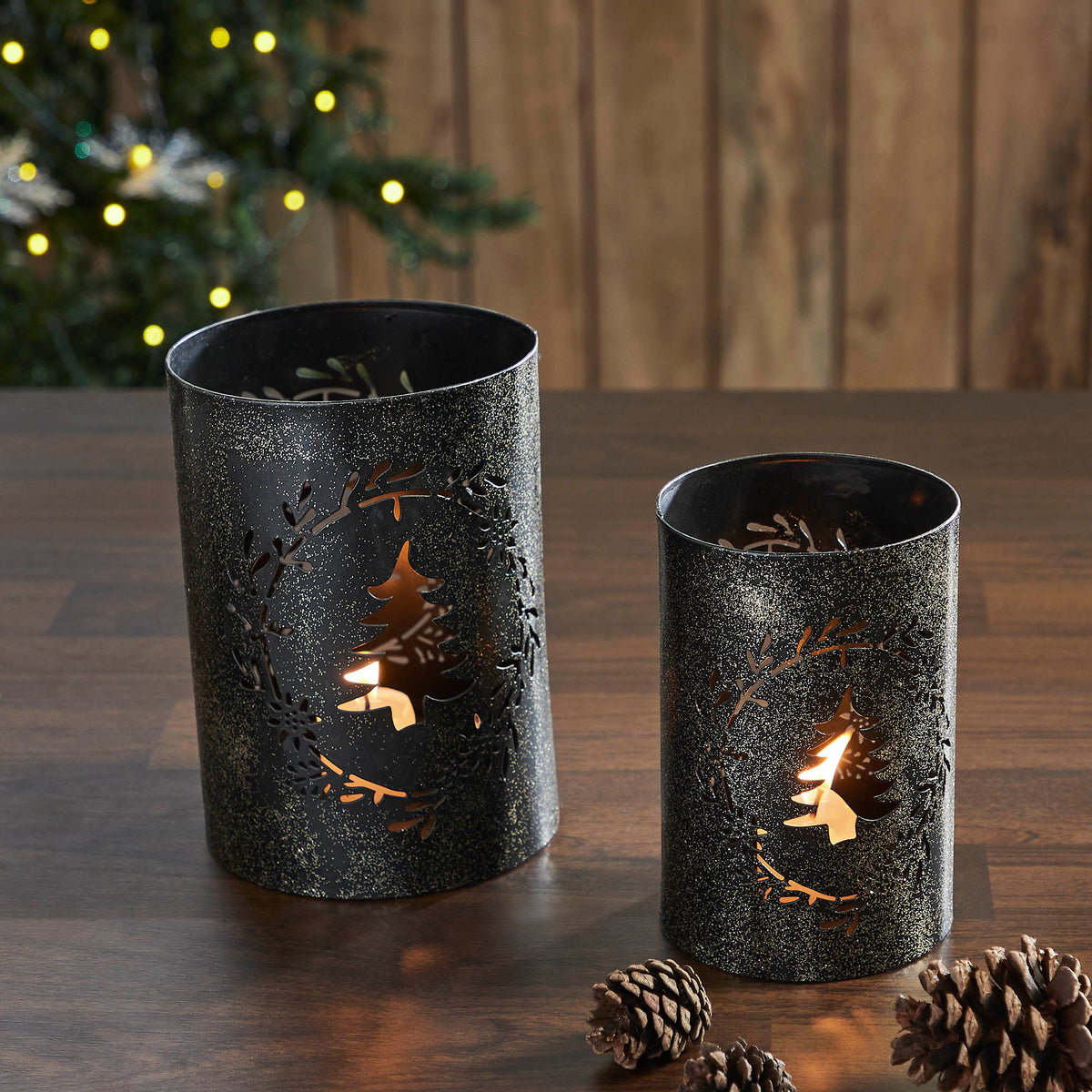 Gold Dusted Wreath and Tree Metal Candle Holder Set of 2- 5.9/