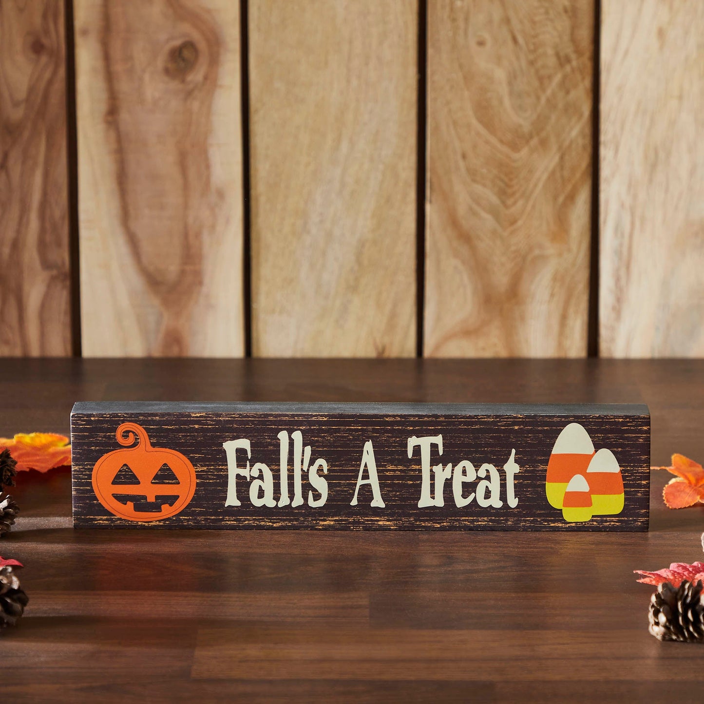 Autumn Harvest Falls A Treat MDF Wood Sign, 14Inch Rustic Home Decor, Seasonal Wall & Shelf Art 3x14x1