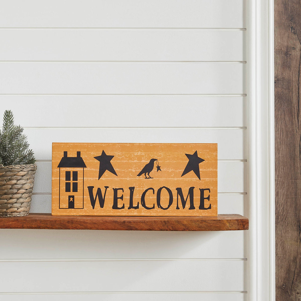 Primitive Rustic Welcome Wall Decor Sign Mustard Saltbox House, Raven & Stars MDF Accent Inch