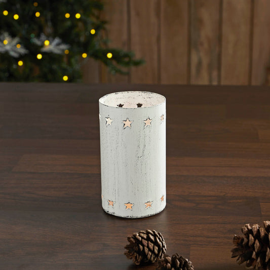 Star Border Distressed White Metal Candle Holder 4.25x2.75x2.75