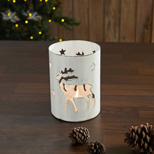 Winter Walk Distressed White Metal Candle Holder