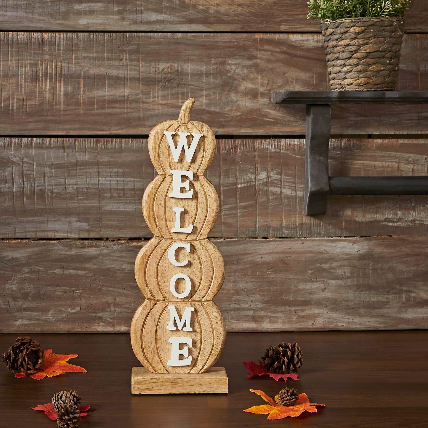 Pumpkin Stack Welcome Sign Fall Farmhouse Rustic Decor Tiered Harvest Wall Plaque 16.5 Inch