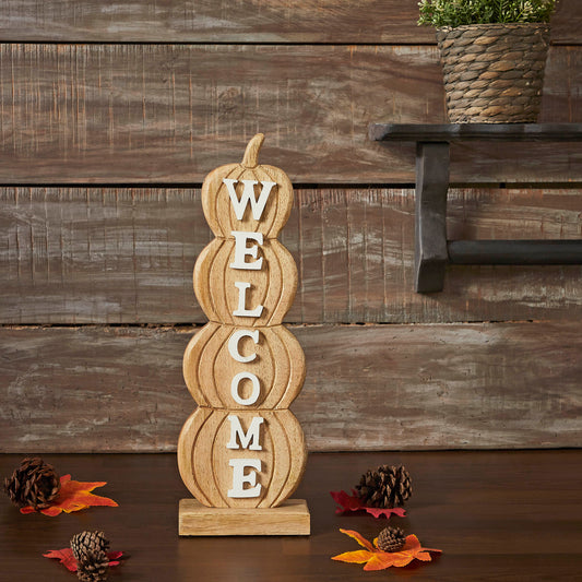 Pumpkin Stack Welcome Sign Fall Farmhouse Rustic Decor Tiered Harvest Wall Plaque 16.5 Inch