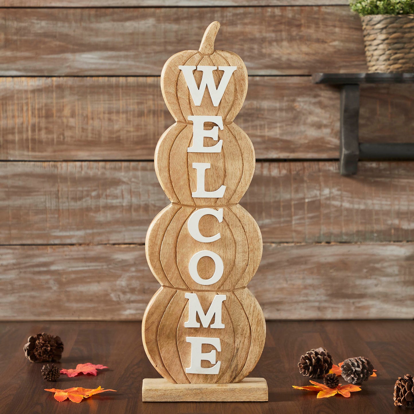 Fall Welcome Pumpkin Stack Wooden Porch Sign Rustic Farmhouse Harvest Home Decor, 24.5 Inch
