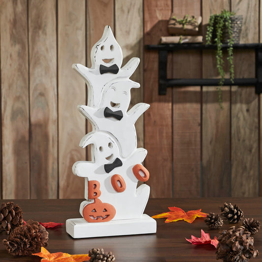 Whimsical Halloween Ghost Stack BOO Wooden Figurine Tabletop Mantel Decor