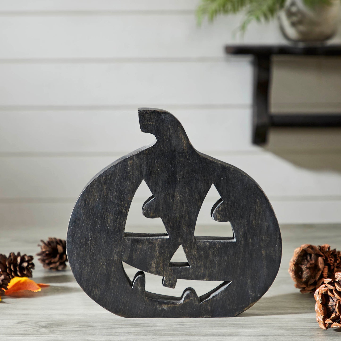 Black Wood Jack O Lantern Halloween Decor Spooky Fall Tabletop Accent Modern Farmhouse Home Display 8.25 Inch Tall