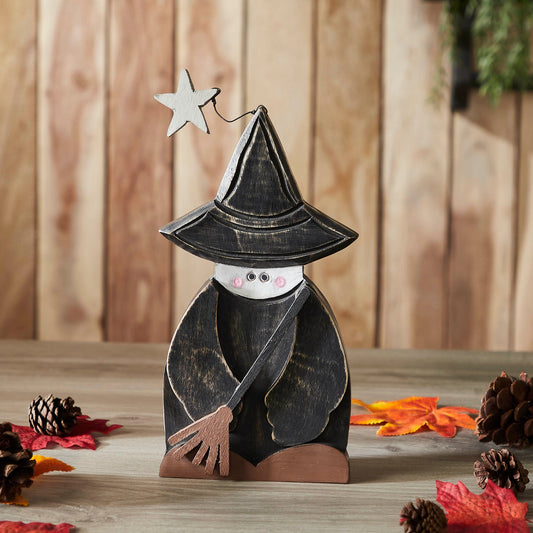 Halloween Rustic Wooden Witch Figurine with Broom Fall Tabletop Seasonal Decor 10x5.5x1.5