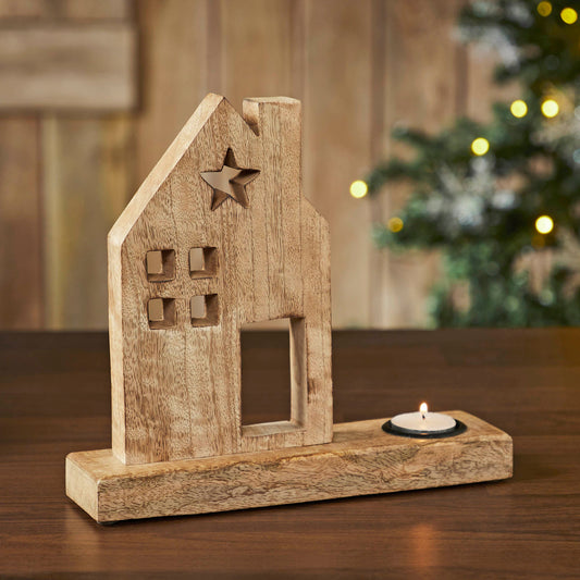 Tealight Holder Wooden Saltbox House w/ Star Natural 10.25x9x2.5
