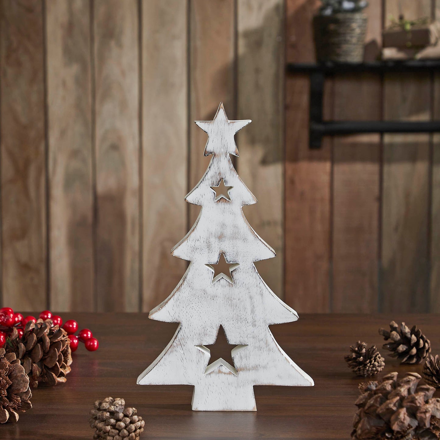 Christmas Tree w/ Stars White Wooden Figurine 8x4.5x1