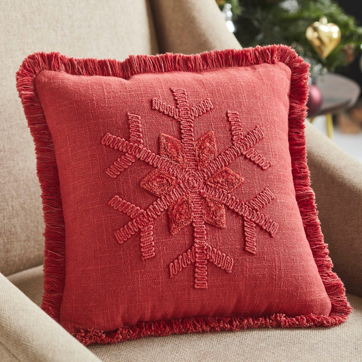 Red Snowflake Stone Washed Fringed Pillow