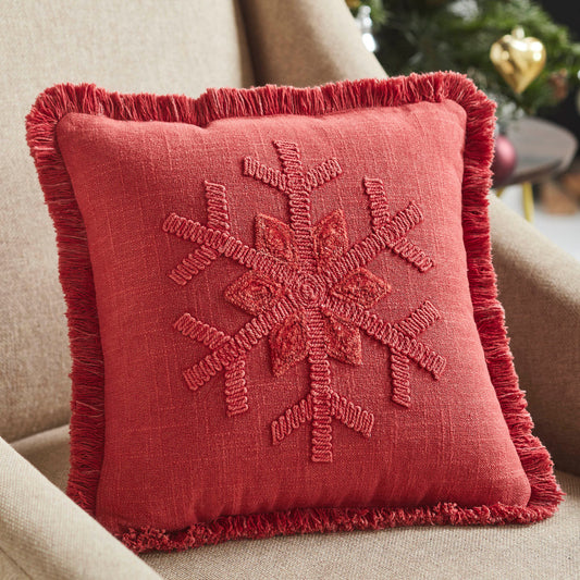 Red Snowflake Stone Washed Fringed Pillow