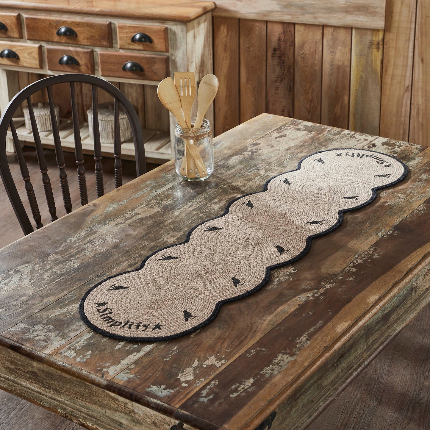 Raven Harvest Simplify Stencil Farmhouse Cotton Table Runner, Black Tan, Inch